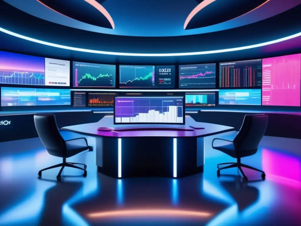 Escritorio de trading moderno y tecnológico Una mesa de trading moderna con tecnología avanzada y un bot de trading, simbolizando la integración de herramientas de inversión tecnológicas