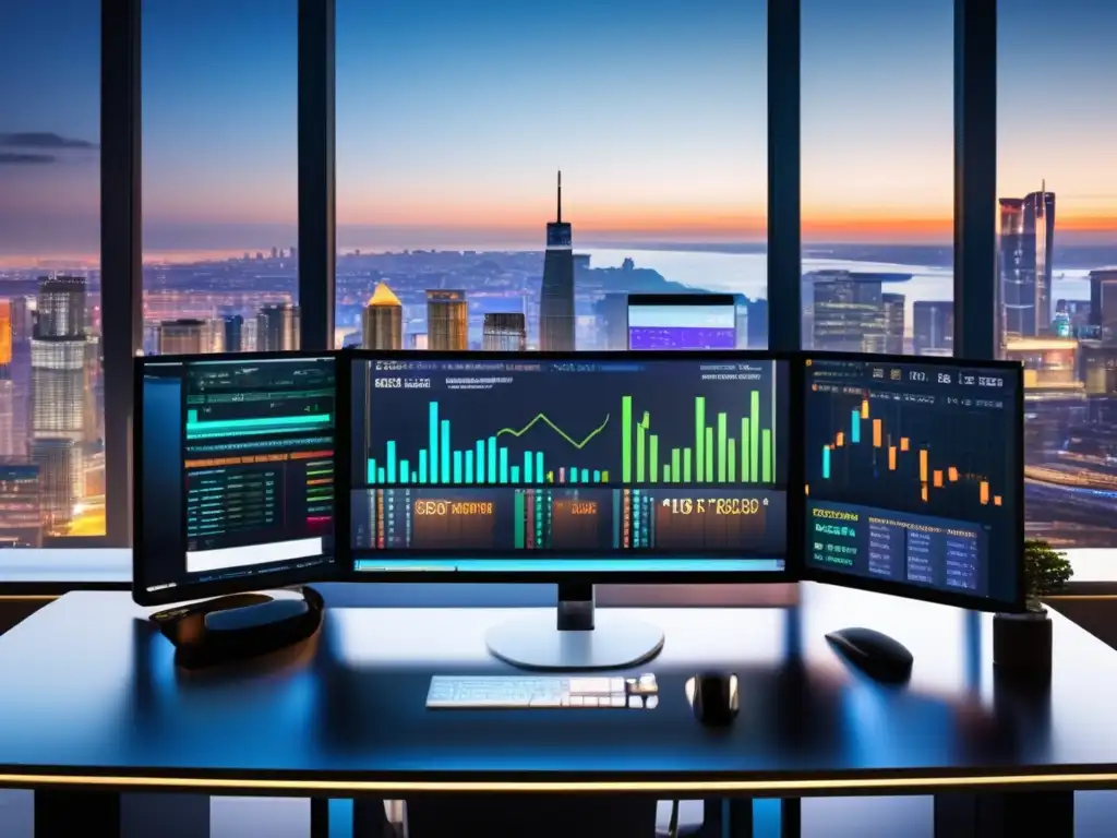 Escritorio de trading moderno y elegante con vista panorámica de la ciudad Mesa de trading con vista panorámica de la ciudad, gráficos Forex en monitor, noticias financieras y estrategias Forex