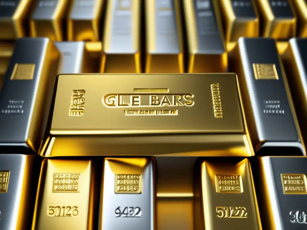Pila reluciente de oro y plata Inversión metales preciosos guía completa: Barras de oro y plata pulidas y organizadas, reflejando la luz en un deslumbrante espectáculo de brillo