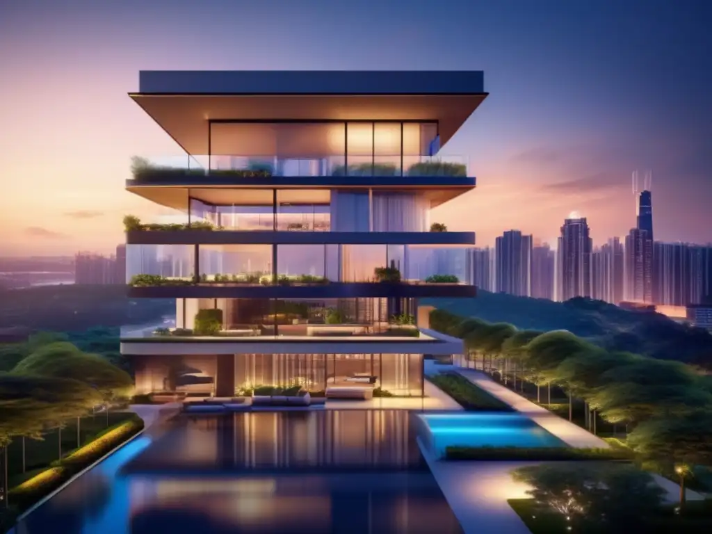 Edificio residencial de lujo al atardecer Métricas éxito proyecto inmobiliario en imagen de edificio residencial lujoso al atardecer
