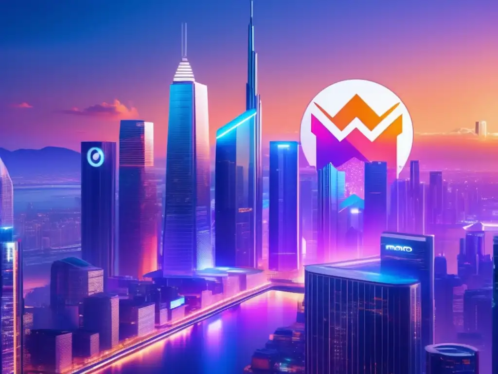 Ciudad digital futurista en Monero Una metrópolis digital moderna y futurista con hologramas de Monero y actividad financiera, reflejando privacidad y tecnología avanzada