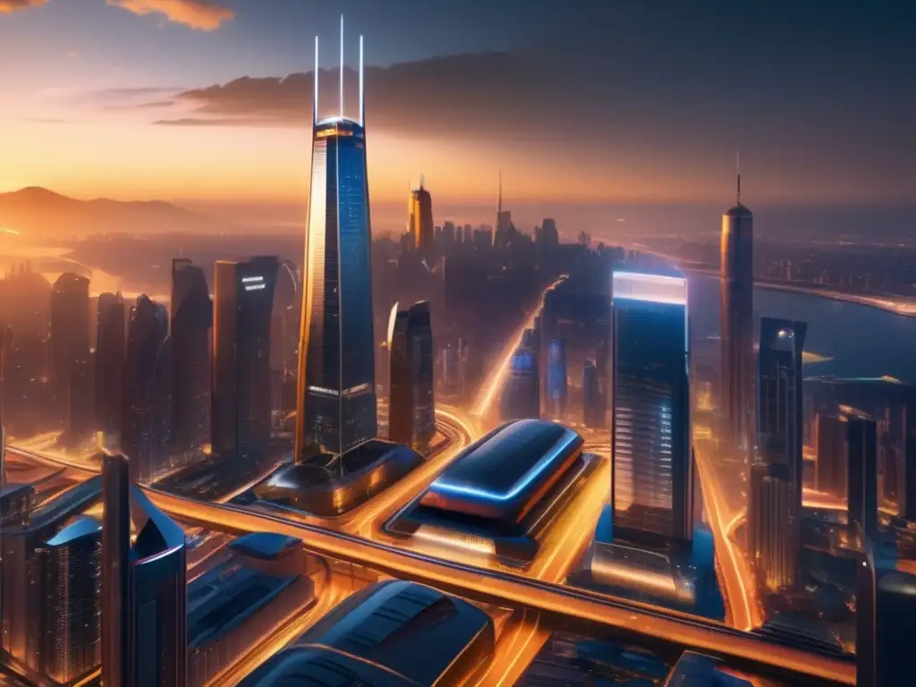 Futuroso paisaje nocturno de ciudad Una metrópolis futurista bañada en luz dorada muestra la Teoría de Ondas de Elliott y la predicción del mercado