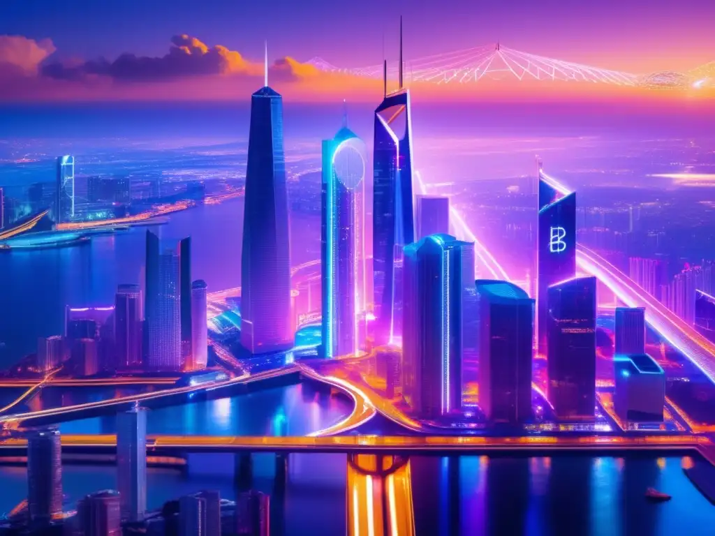Futuro metrópolis blockchain Una metrópolis futurista con rascacielos, autopistas interconectadas y luces de neón