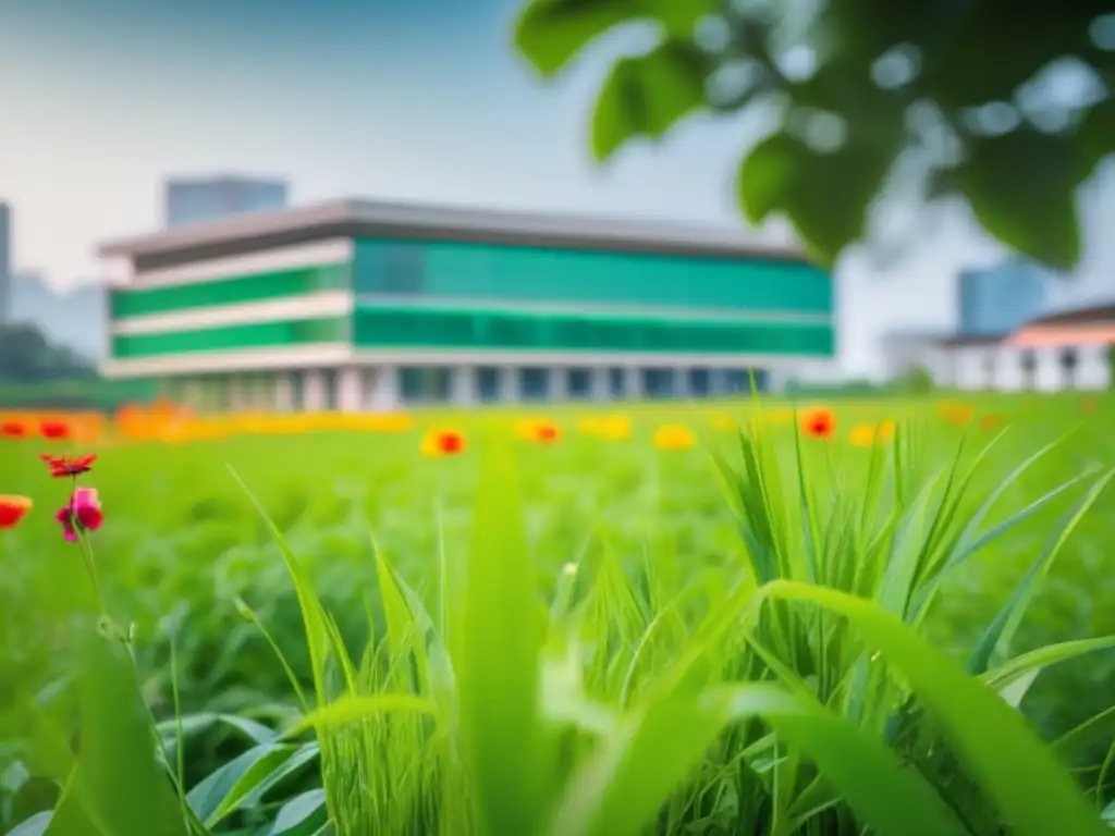 Campo verde con edificio de institución de microfinanzas Microfinanzas sostenibles: Ventajas y desafíos