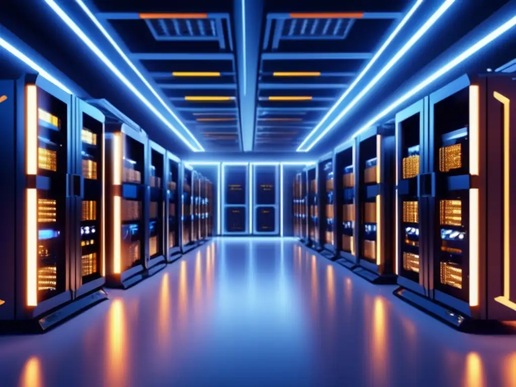 Mineria de criptomonedas de alta gama Minería de altcoins: moderna sala con hardware de alta gama, luces parpadeantes y ambiente futurista
