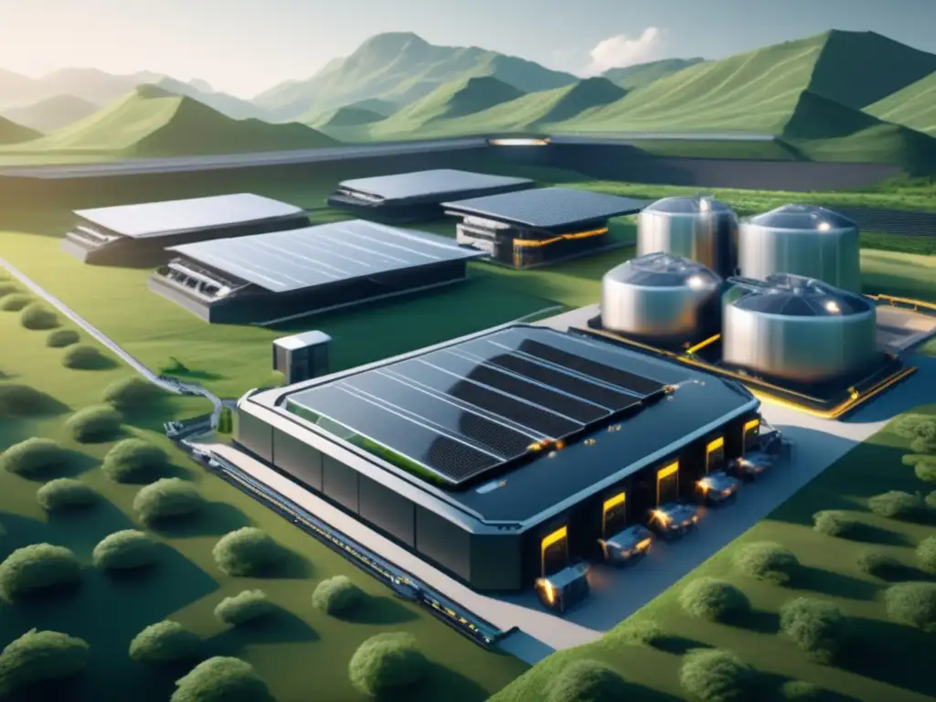 Futuro minero sostenible con IA Minería de criptomonedas con IA en un futurista y eficiente centro rodeado de paisaje verde