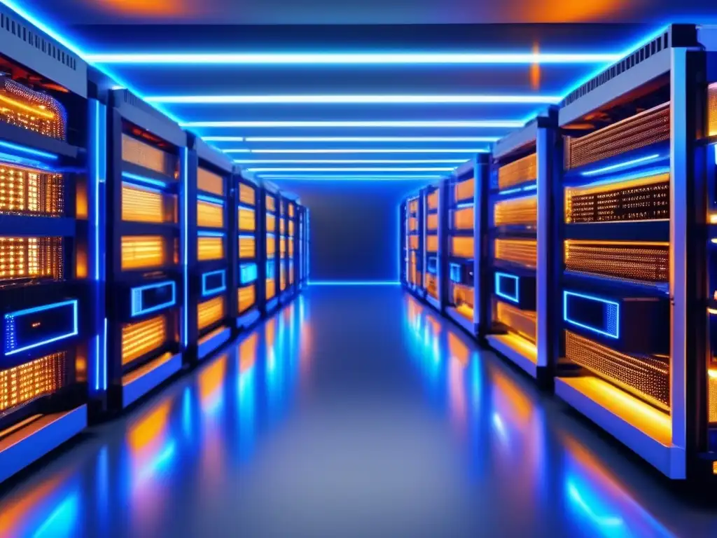 Moderna granja de minería de criptomonedas Guía de minería de criptomonedas: Imagen ultradetallada de una moderna granja minera con filas de potentes equipos, iluminada por LED azul