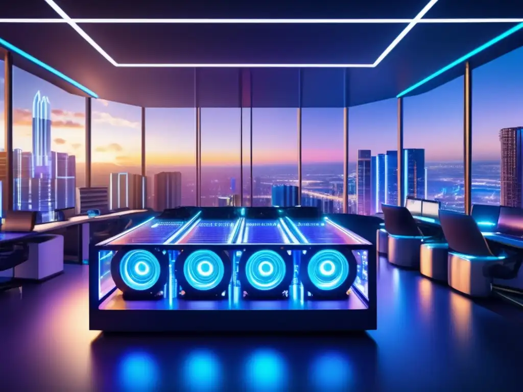 Minería de criptomonedas en estilo sofisticado y futurista Mineria criptomonedas: Imagen 8k ultradetallada muestra rig de alta tecnología con GPUs y circuitos, iluminado por LEDs y rodeado de ciudad nocturna