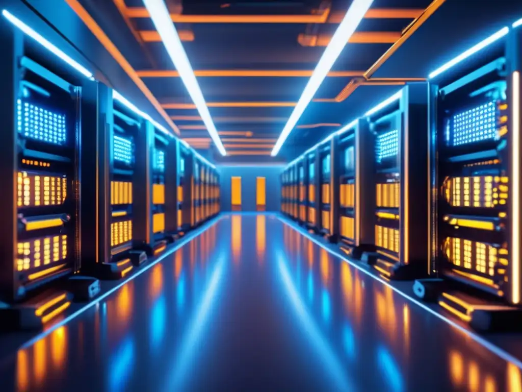 Centro minero de criptomonedas avanzado Minería de criptomonedas: Moderna sala iluminada con equipos de última generación, GPU potentes y sistema de refrigeración