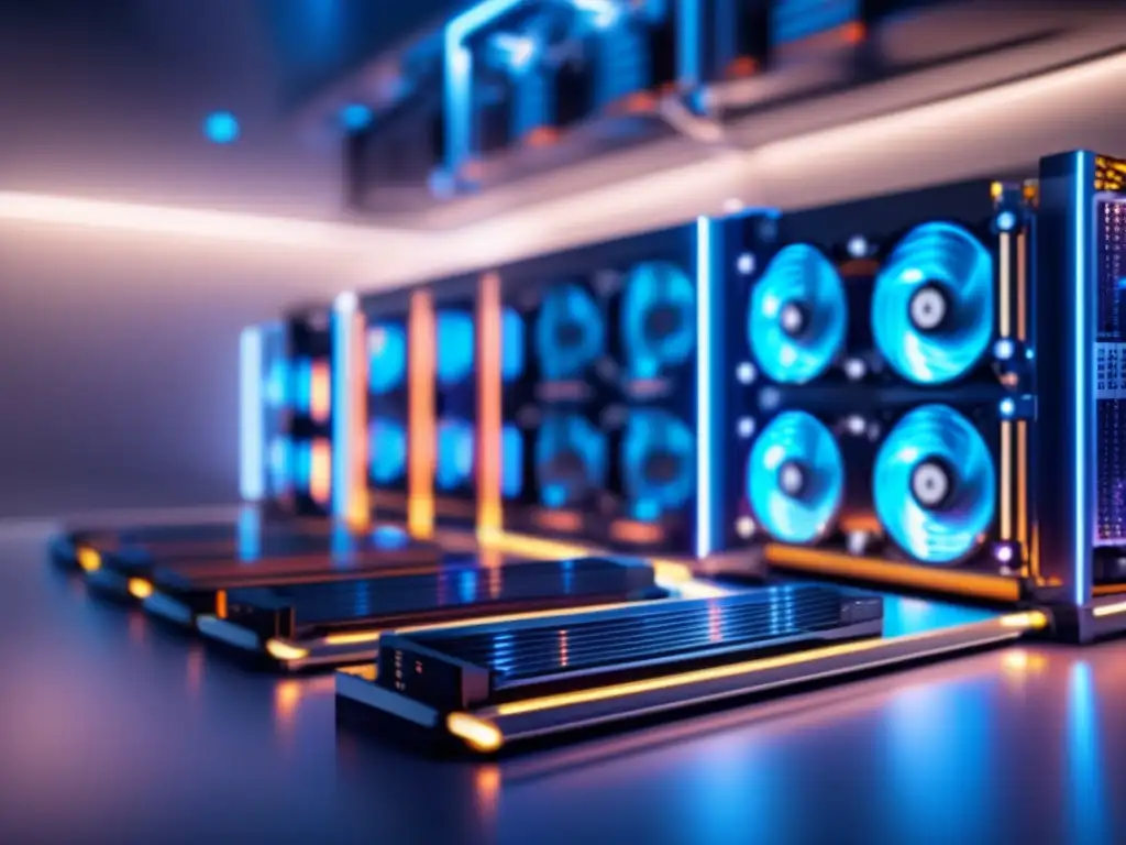 Rig de minería de criptomonedas moderno y eficiente Guía de minería de criptomonedas: Potente y moderno equipo minero de criptomonedas en una sala bien ventilada, con tarjetas gráficas de alto rendimiento y sistemas de enfriamiento avanzados