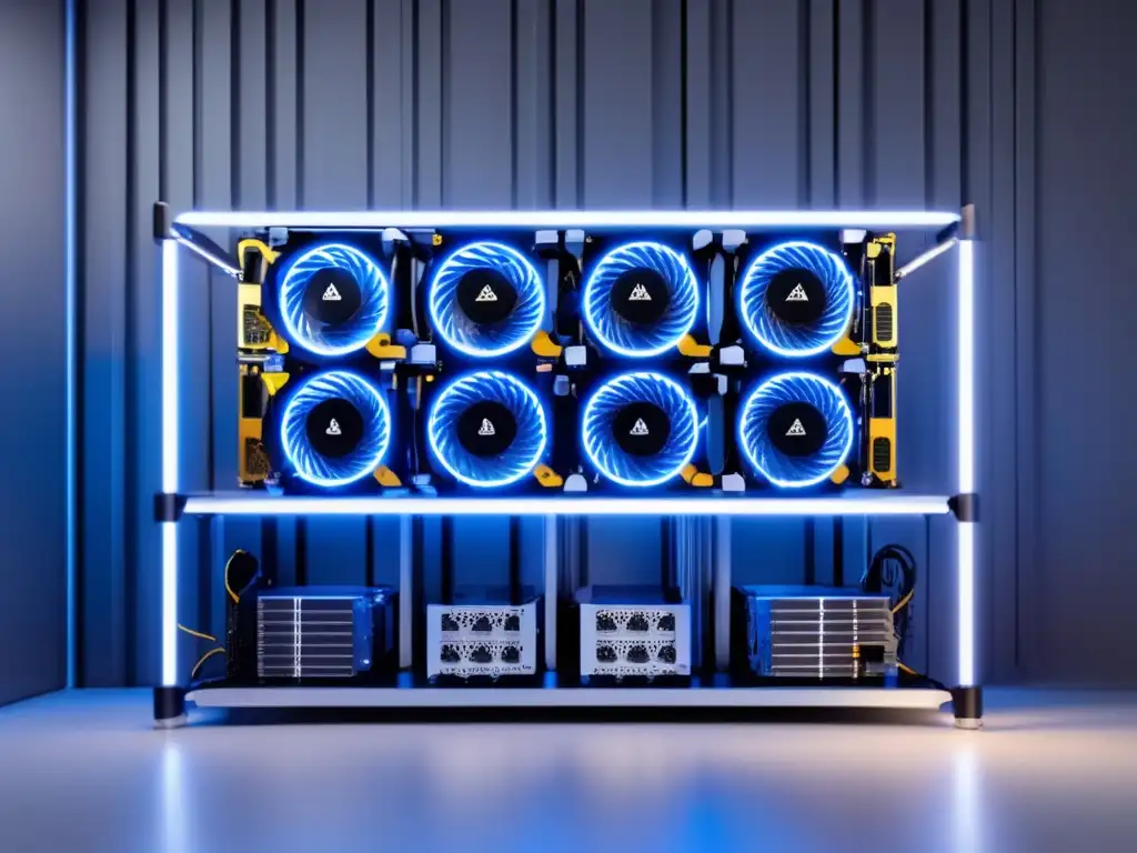 Rig de minería de criptomonedas moderno Guía de minería de criptomonedas: Rig moderno y profesional con GPUs potentes en una habitación bien iluminada