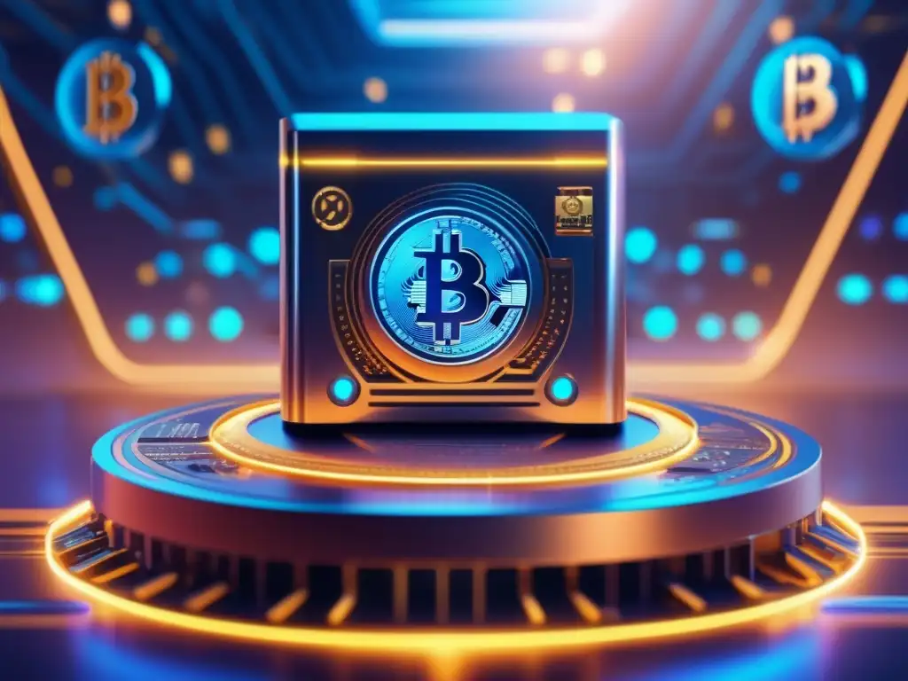 Futuro minero criptográfico Minero Criptomonedas Monedas Prometedoras rodeado de monedas vibrantes flotantes, tecnología avanzada y luces brillantes