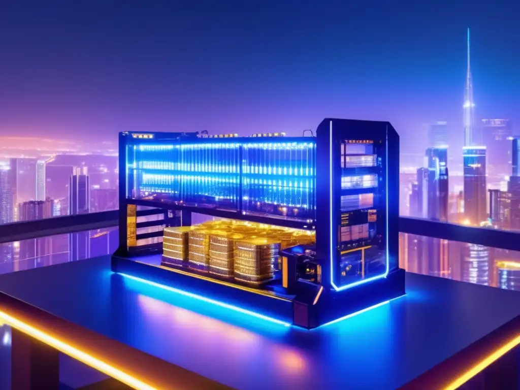 Máquina minera de criptomonedas futurista Minero de criptomonedas prometedoras en ciudad futurista