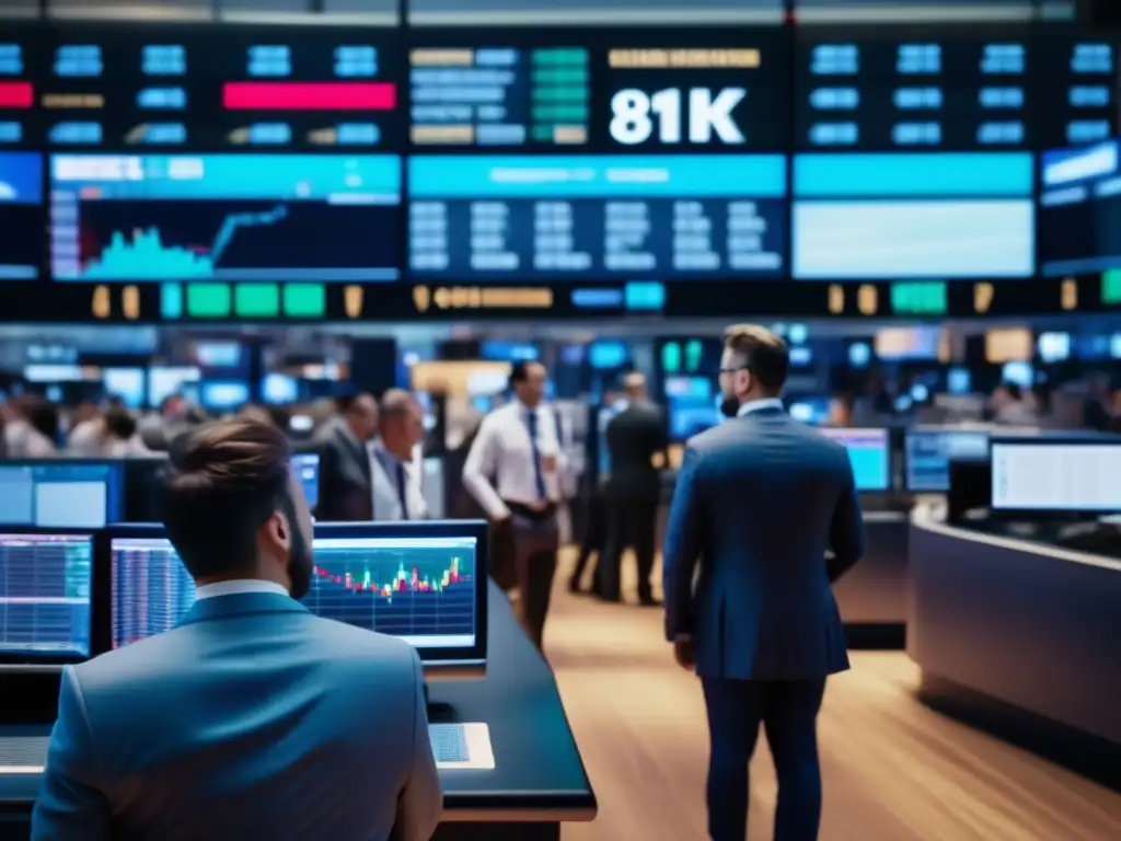 Piso de bolsa lleno de traders Mitos del análisis financiero de predicciones en vibrante imagen 8k de la bolsa de valores
