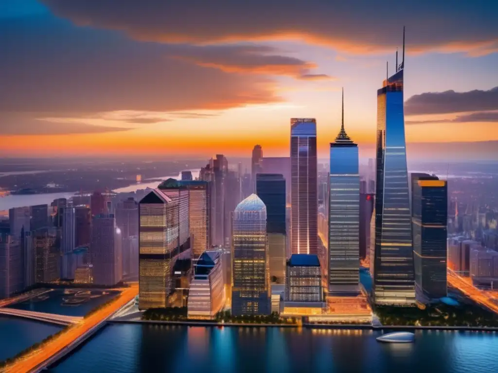 Ciudad moderna al anochecer, símbolo de inversiones inmobiliarias Mitos desmentidos: Hacerse rico bienes raíces - Ciudad moderna al atardecer con rascacielos y profesionales discutiendo estrategias financieras
