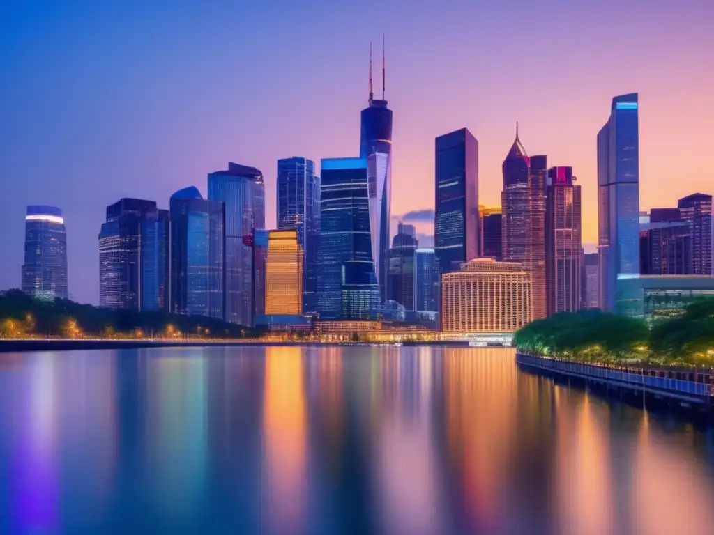 Ciudad moderna al atardecer: crecimiento y éxito Mitos inversiones bienes raíces: Ciudad moderna al atardecer, con rascacielos iluminados y reflejados en el río