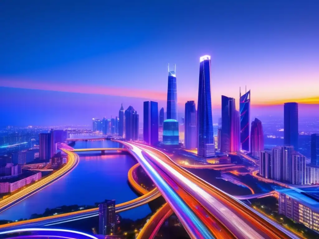 Skyscrapers iluminados en ciudad moderna Mitos mercados emergentes: Oportunidades y riesgos - Ciudad futurista al anochecer, rascacielos iluminados y carreteras llenas de movimiento