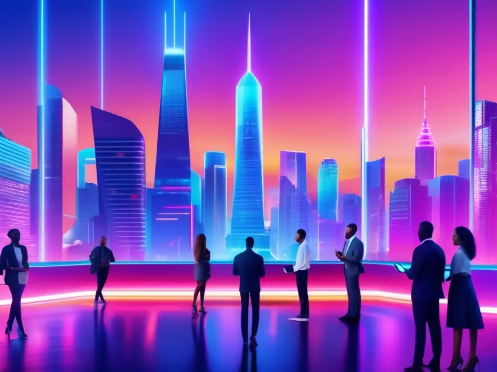 Ciudad futurista con edificios modernos y profesionales colaborando Fintech: Mitos y realidades en una ciudad futurista con rascacielos modernos, tecnología innovadora y profesionales colaborando