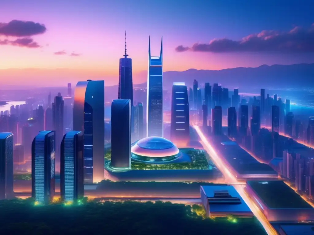 Ciudad futurista al atardecer con rascacielos y tecnología avanzada Fintech: Mitos y realidades en una impresionante imagen 8k de una ciudad futurista al atardecer, con rascacielos imponentes de arquitectura moderna