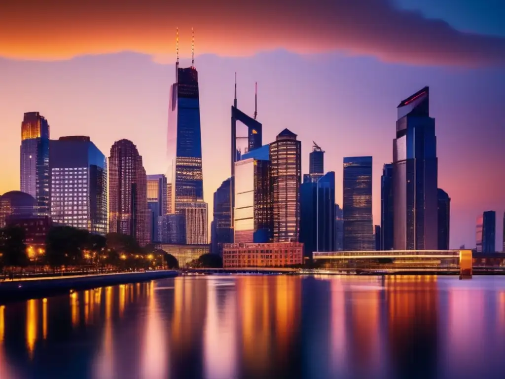 Ciudad moderna al atardecer Mitos y realidades inversiones inmobiliarias: Skyline moderno al atardecer, con rascacielos reflejando los cálidos tonos del sol poniente