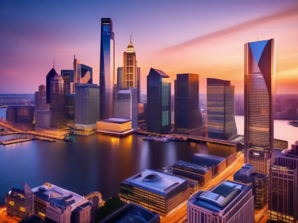 Finanzas modernas: Competencia entre tradicionales y fintech Moderna área financiera al atardecer, con rascacielos iluminados por el sol