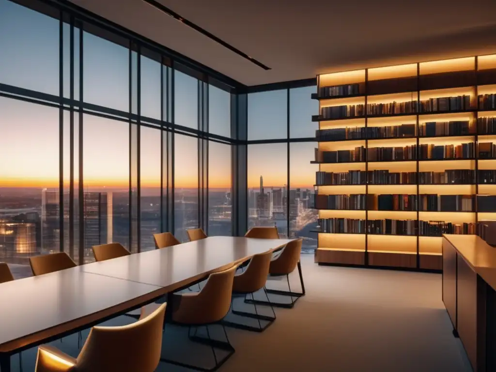 Biblioteca moderna con vista a la ciudad Moderna biblioteca con libros de inversión recomendados