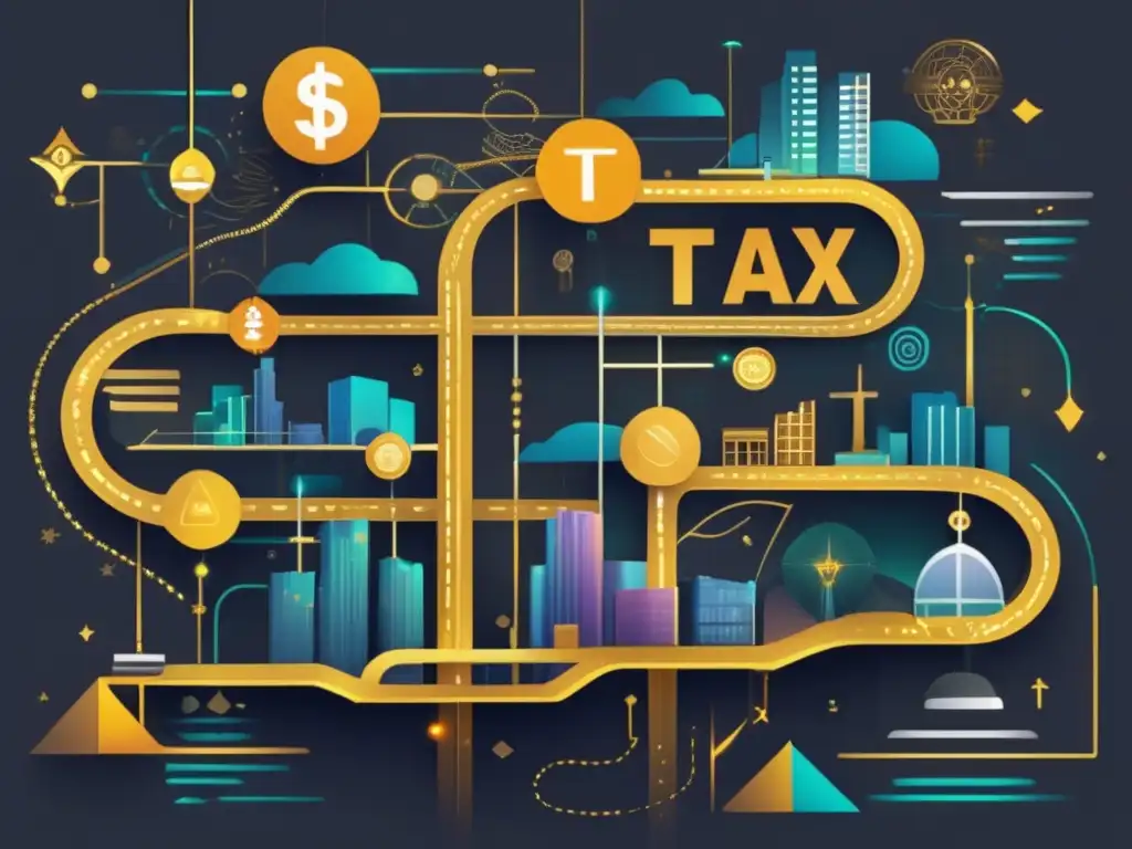 Ciudad futurista: seguros, impuestos y planificación financiera Moderna ilustración con caminos dorados y símbolos de seguros e impuestos, enfocada en seguros de vida para reducir impuestos