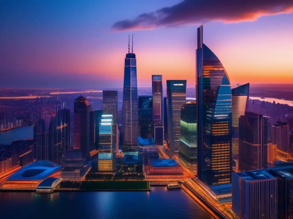 Ciudad financiera nocturna con rascacielos iluminados Moderna ciudad al atardecer, reflejando la energía de las estrategias de inversión a corto plazo