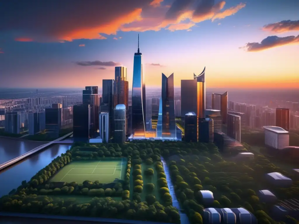 Ciudad moderna al atardecer Moderna ciudad al atardecer con rascacielos, parques verdes y vibrante actividad