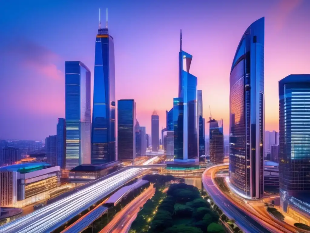 Ciudad financiera vibrante y moderna Moderna ciudad al atardecer, rascacielos iluminados reflejando actividad y diversificación financiera