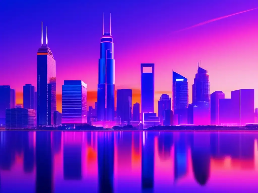 Ciudad futurista con rascacielos y billboards digitales Moderna ciudad al atardecer con rascacielos de vidrio reflejando el sol y billboards de altcoins preferidas celebridades