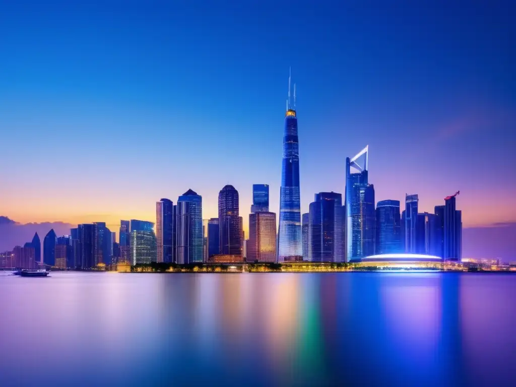 Ciudad moderna al atardecer: inversión y crecimiento Moderna ciudad al atardecer con rascacielos relucientes, luces vibrantes y potencial de inversión inmobiliaria