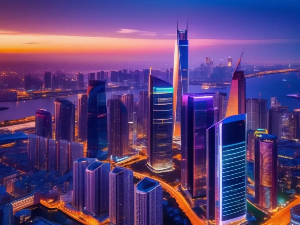 Ciudad moderna al atardecer Moderna ciudad al atardecer con rascacielos futuristas y vibrante interacción de luces