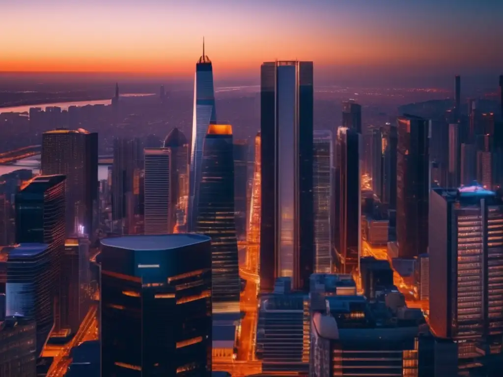 Ciudad moderna al atardecer con roboadvisors Moderna ciudad al atardecer con rascacielos, reflejando progreso e innovación