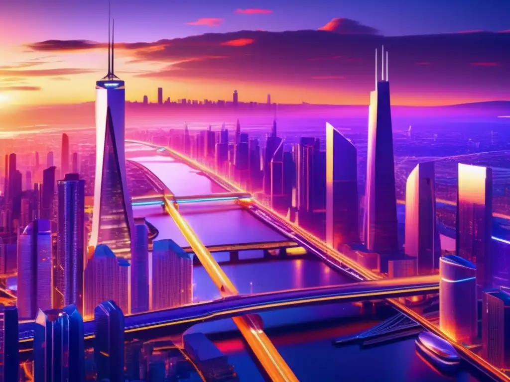 Futurista ciudad nocturna con rascacielos y tecnología avanzada Moderna ciudad futurista al atardecer con rascacielos de cristal y acero, conexiones de puentes y actividad frenética