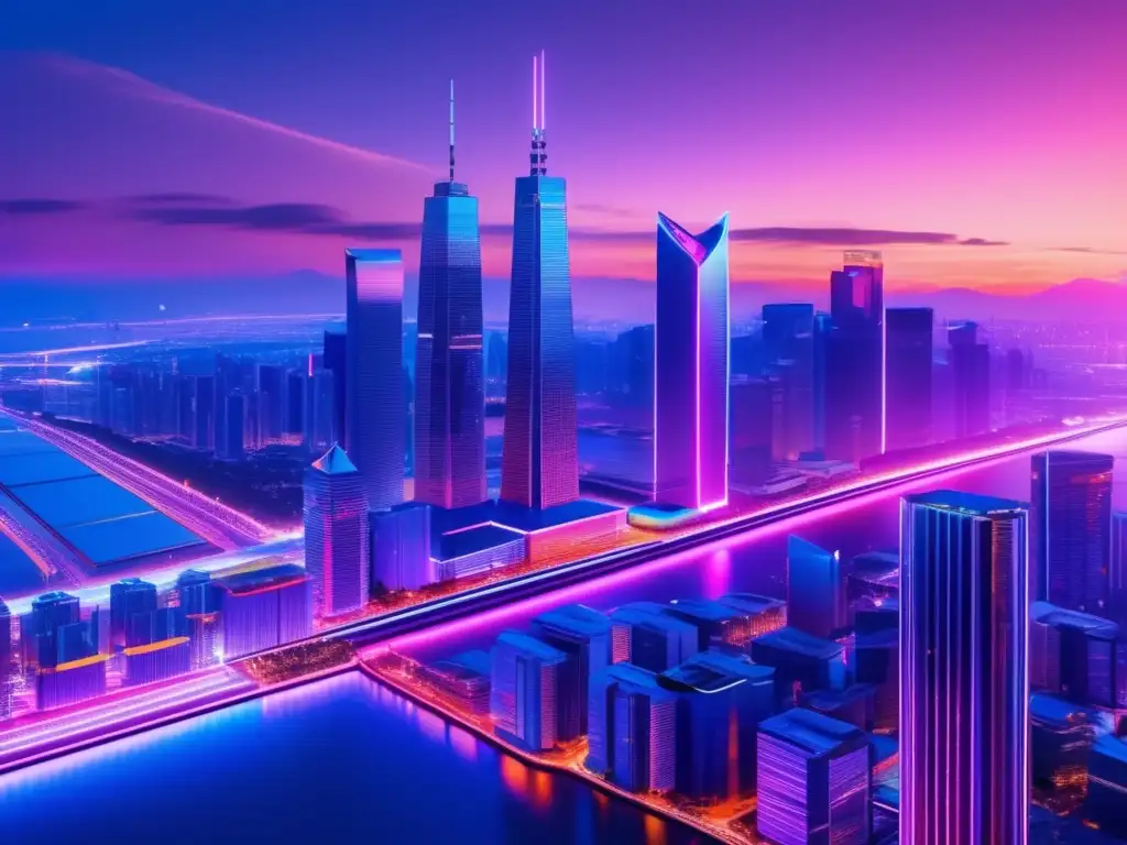 Futurista ciudad con rascacielos y luces de neón Moderna ciudad al anochecer, con rascacielos iluminados y reflejando la importancia de las criptodivisas en inversiones