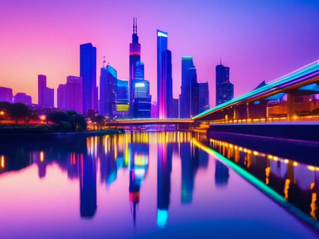 Ciudad en crecimiento con luces vibrantes Moderna ciudad con rascacielos iluminados por luces neón reflejadas en el río - Políticas monetarias e inversión financiera