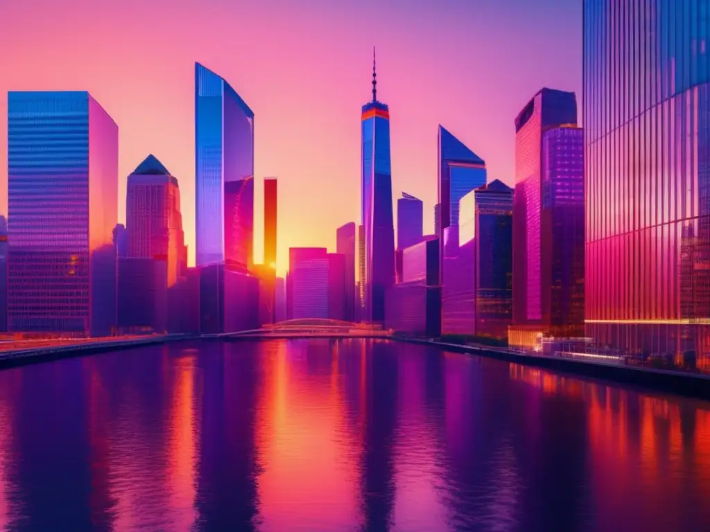 Moderno skyline financiero al atardecer Moderna imagen 8k de un distrito financiero al atardecer con rascacielos, puentes y profesionales en discusión
