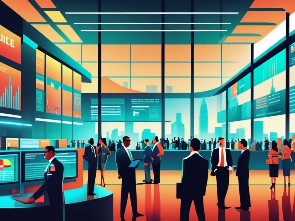 Escena futurista de la bolsa de valores Ilustración moderna del mercado de acciones con traders y gráficos en tiempo real
