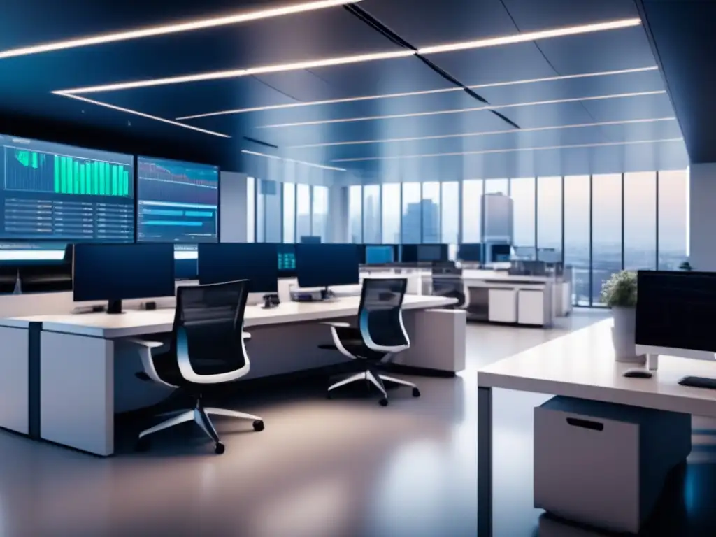 Oficina moderna con estaciones de trabajo tecnológicas Moderna oficina 8k muestra integración de bots en inversión financiera
