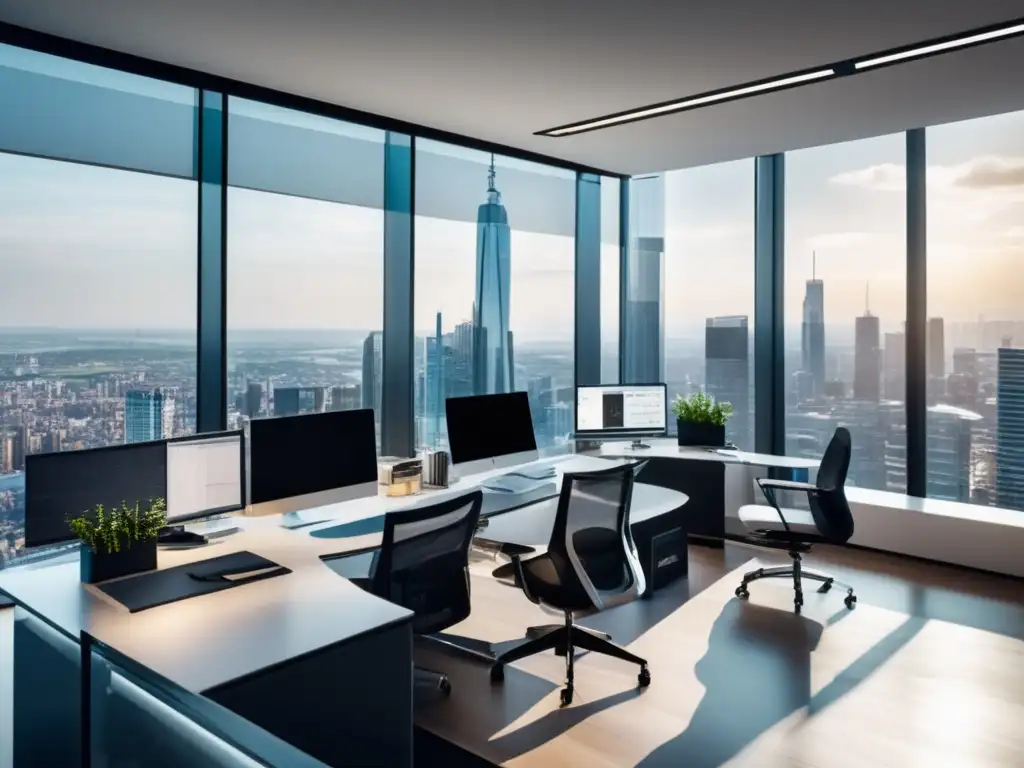 Oficina moderna con profesionales trabajando diligentemente Moderna oficina con muebles minimalistas y vistas a la ciudad