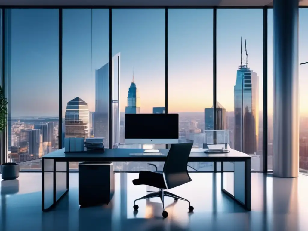 Oficina moderna con vista a la ciudad y asesor fiscal Moderna oficina con vista a la ciudad, muebles minimalistas y asesor explicando