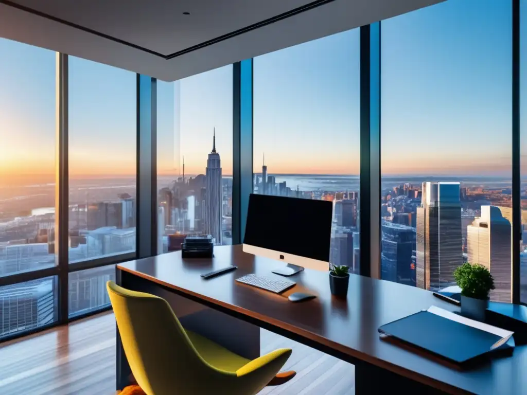 Oficina moderna con vista a la ciudad CEO en moderna oficina con vista a la ciudad y mobiliario minimalista, tecnología avanzada y análisis fundamental