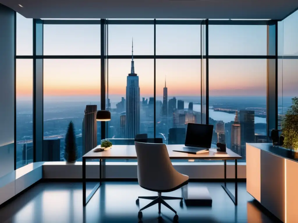 Oficina moderna con vista panorámica de la ciudad Moderna oficina con vista panorámica a la ciudad, espacio de trabajo contemporáneo, tecnología avanzada, productividad y éxito