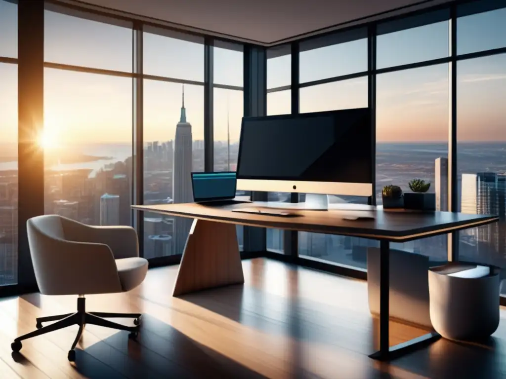 Oficina moderna con vistas a la ciudad Moderna oficina con vista panorámica de la ciudad, escritorio de madera con monitor de alta gama mostrando gráficos e información financiera