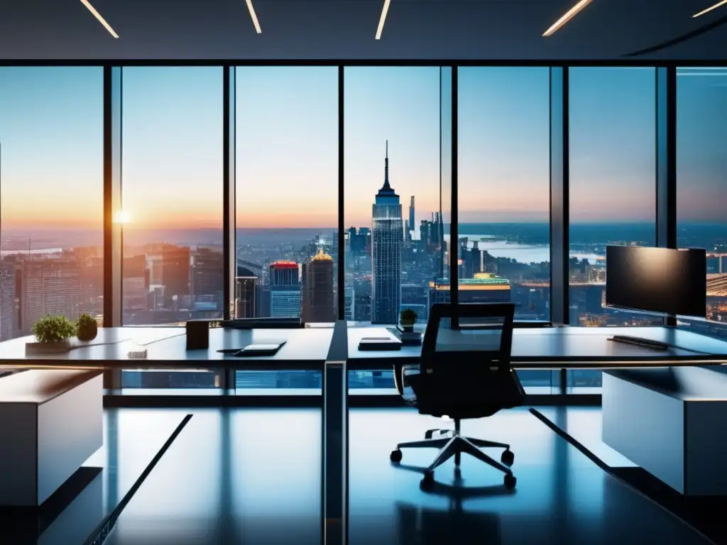 Moderna oficina con vista panorámica de la ciudad Moderna oficina con vista panorámica de la ciudad y muebles minimalistas, resaltando los beneficios fiscales de los ETFs