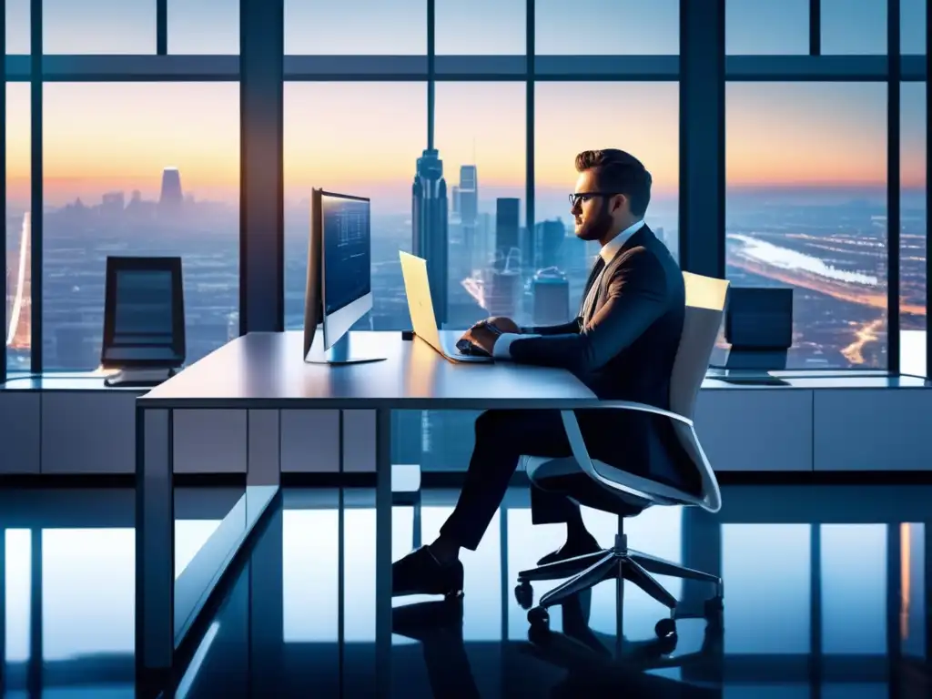 Oficina moderna con vista a la ciudad Moderna oficina con vista panorámica de la ciudad y mobiliario minimalista, iluminada por luz natural
