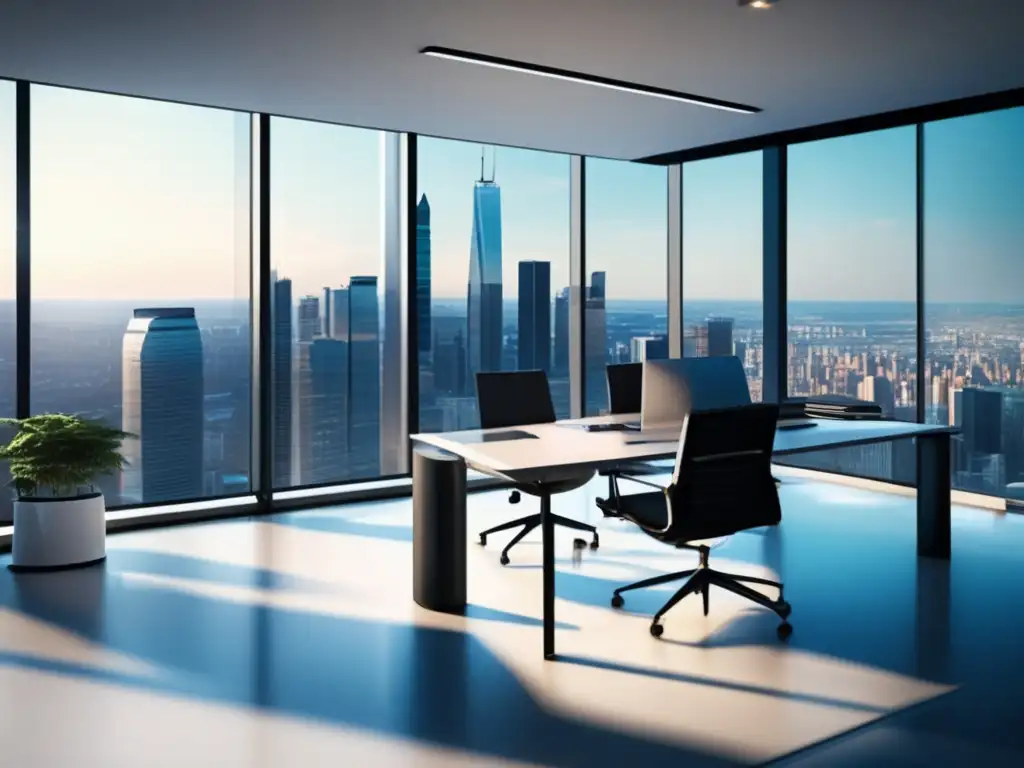 Espacio de oficina moderno con vista a la ciudad Moderna oficina con vista panorámica de la ciudad, diseño minimalista, luz natural y pantalla de datos bursátiles