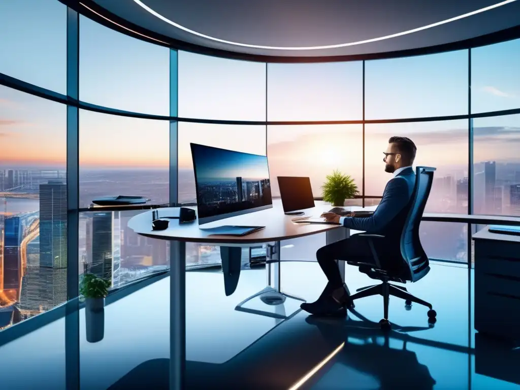 Oficina moderna con vista panorámica y empresario enfocado Moderna oficina con vista panorámica de la ciudad, empresario enfocado en estrategias de diversificación financiera