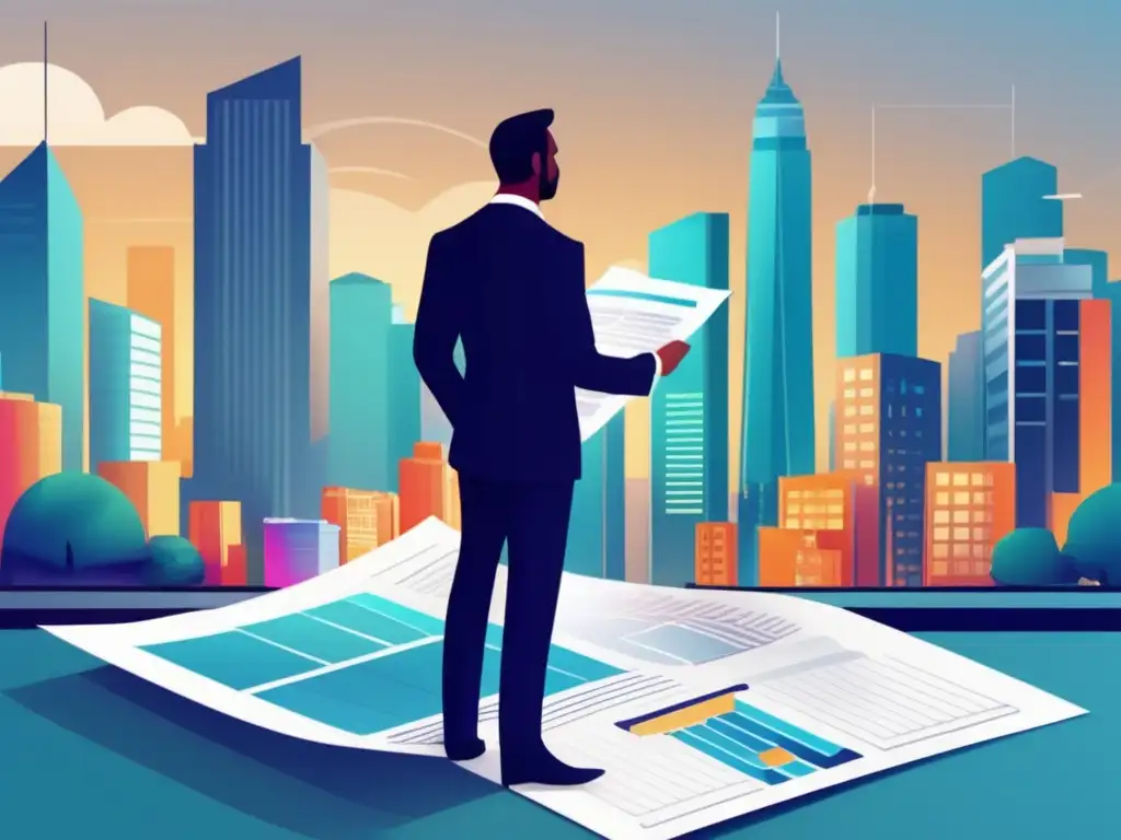 Asesor inmobiliario experto Ilustración moderna y profesional de una ciudad con rascacielos y mercado inmobiliario vibrante